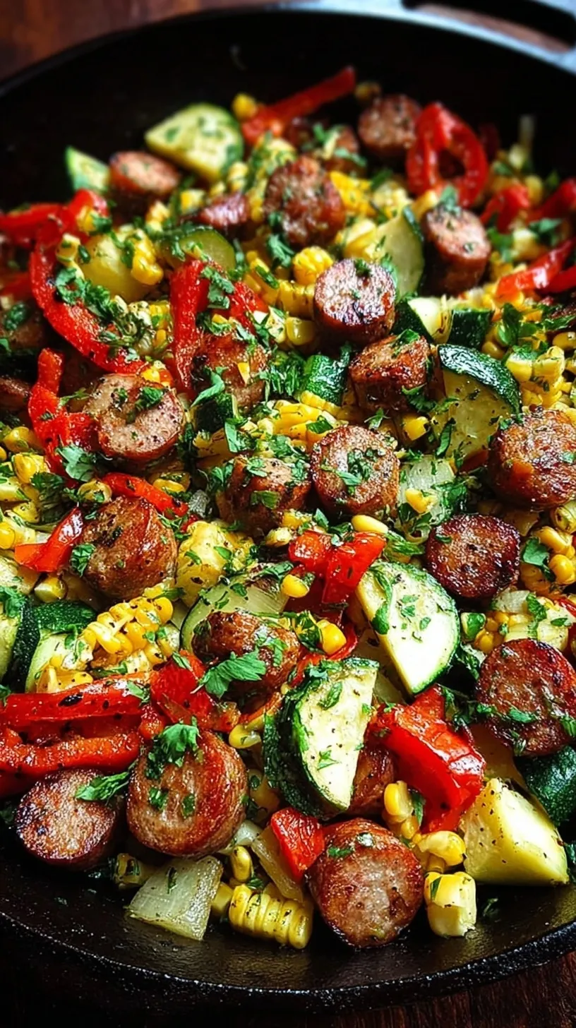 A colorful skillet filled with browned smoked sausage, green and red bell peppers, and zucchini.