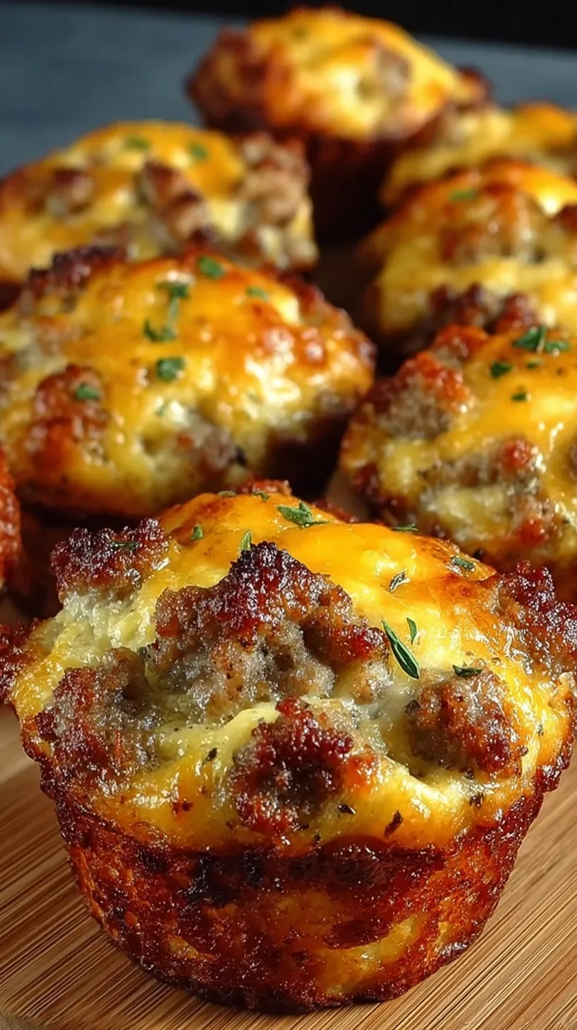 Golden brown savory sausage muffins with melted cheddar cheese and green onions in a muffin tin.