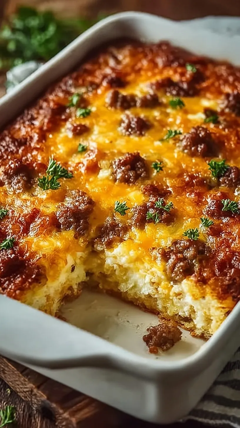 A golden brown sausage hash brown breakfast casserole in a glass baking dish with melted cheese and fluffy eggs.