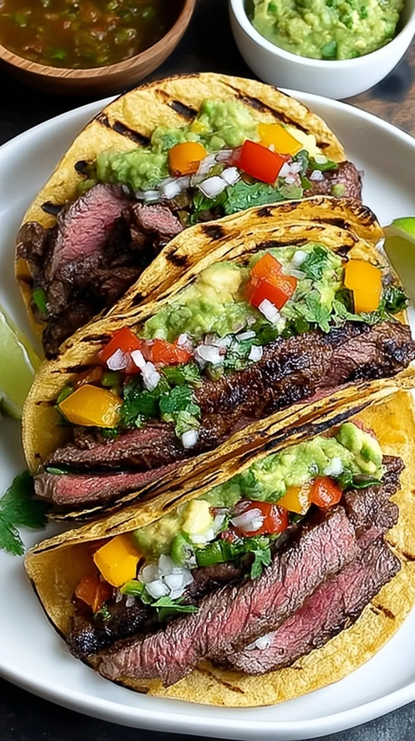 Juicy grilled flank steak tacos on corn tortillas with avocado and cilantro