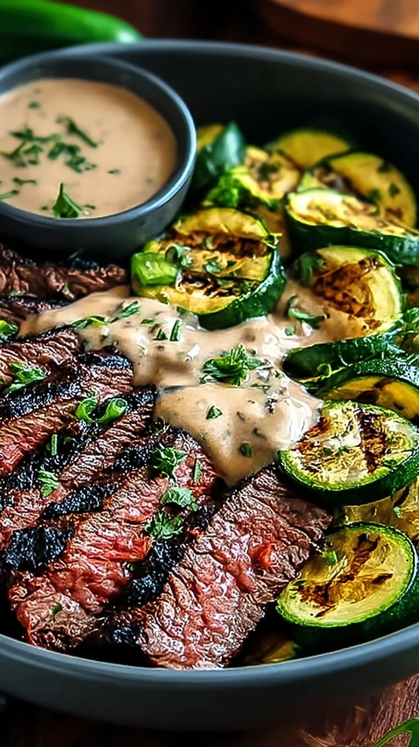 A colorful bowl with sliced grilled steak, charred zucchini rounds, and fluffy quinoa topped with creamy herb sauce.