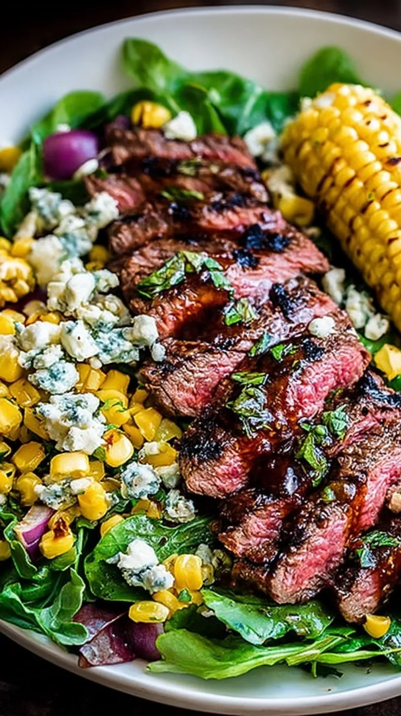 A fresh steak gorgonzola salad topped with grilled corn and balsamic dressing in a white bowl