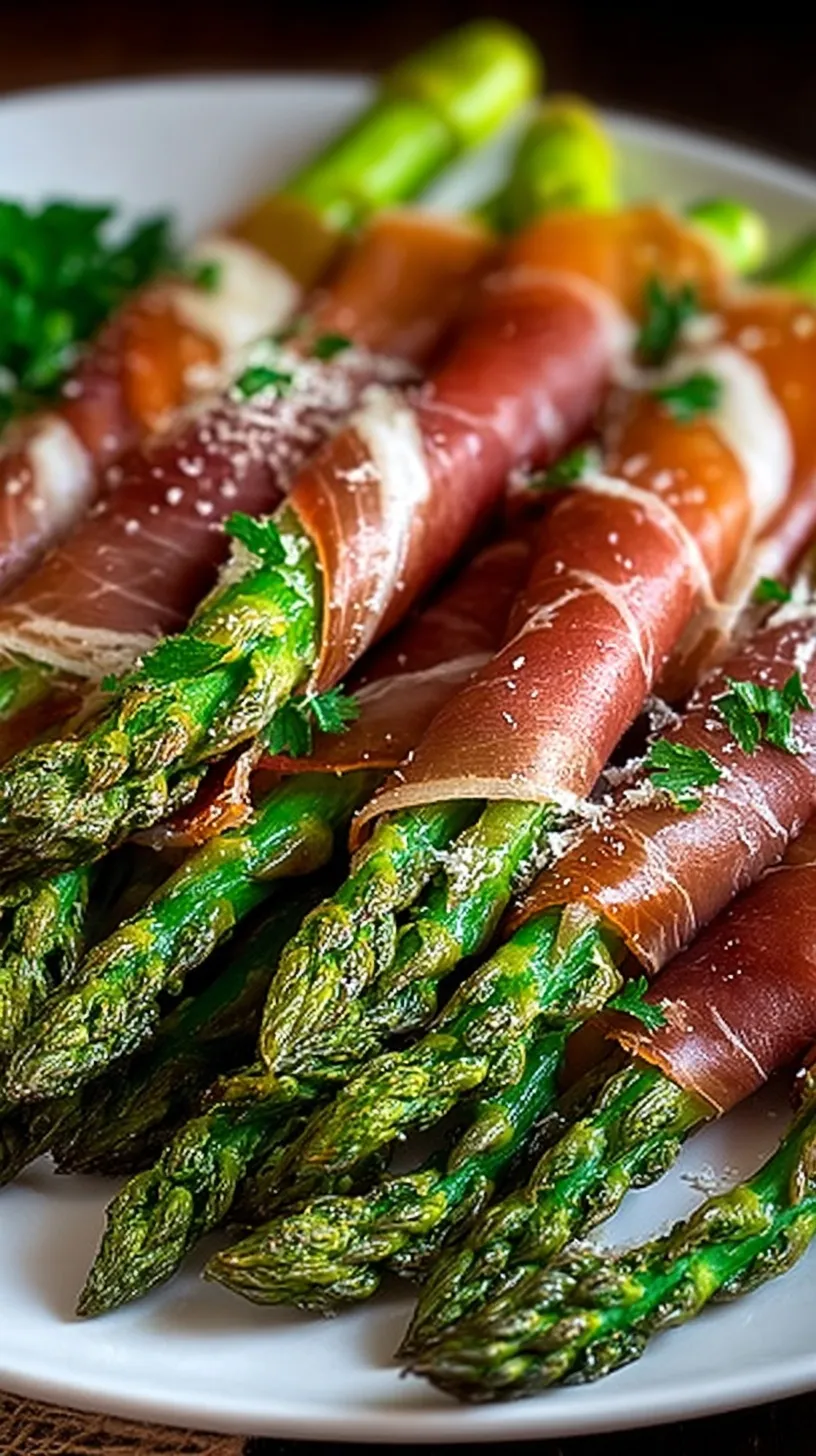 Bundles of green asparagus wrapped in crispy prosciutto on a baking sheet with lemon zest