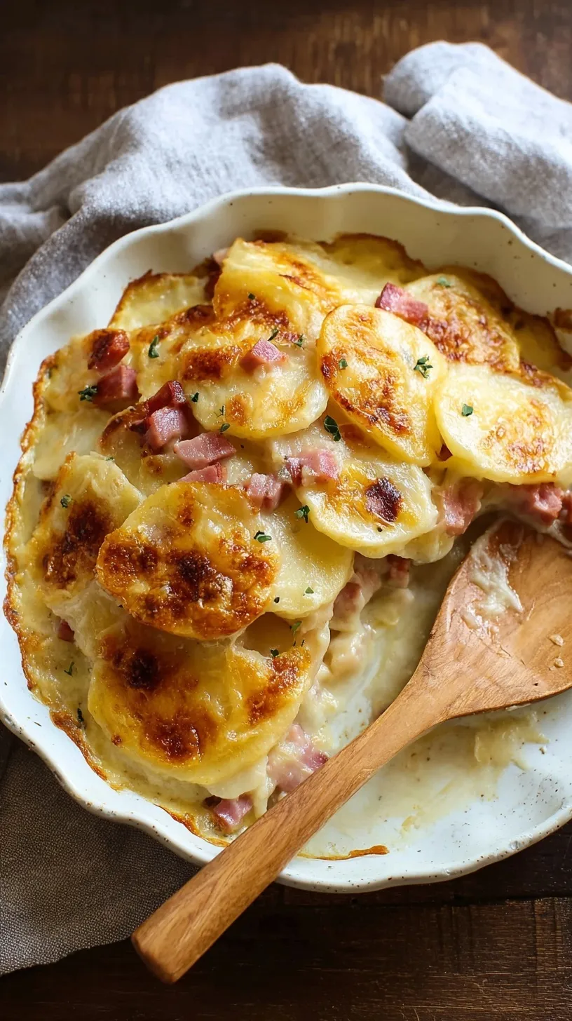 A golden brown casserole dish filled with sliced potatoes and diced ham in a creamy white sauce.