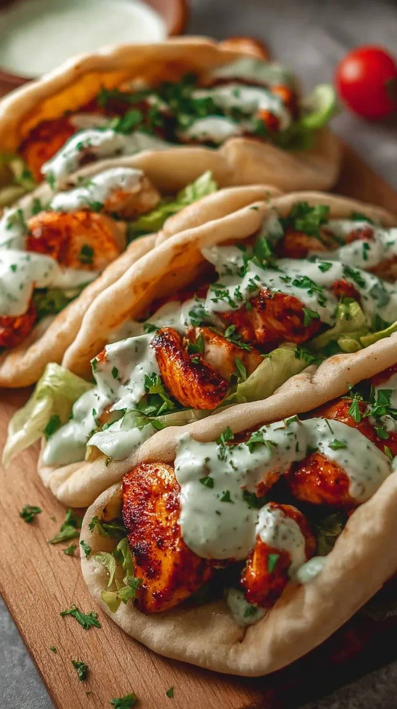 Roasted chicken and colorful bell peppers served inside whole wheat pitas with a drizzle of white ranch sauce on a wooden board.