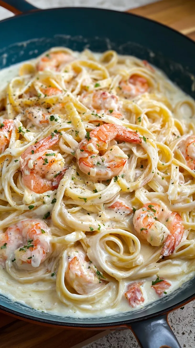 A white bowl filled with creamy fettuccine alfredo topped with pink sautéed shrimp and fresh parsley.