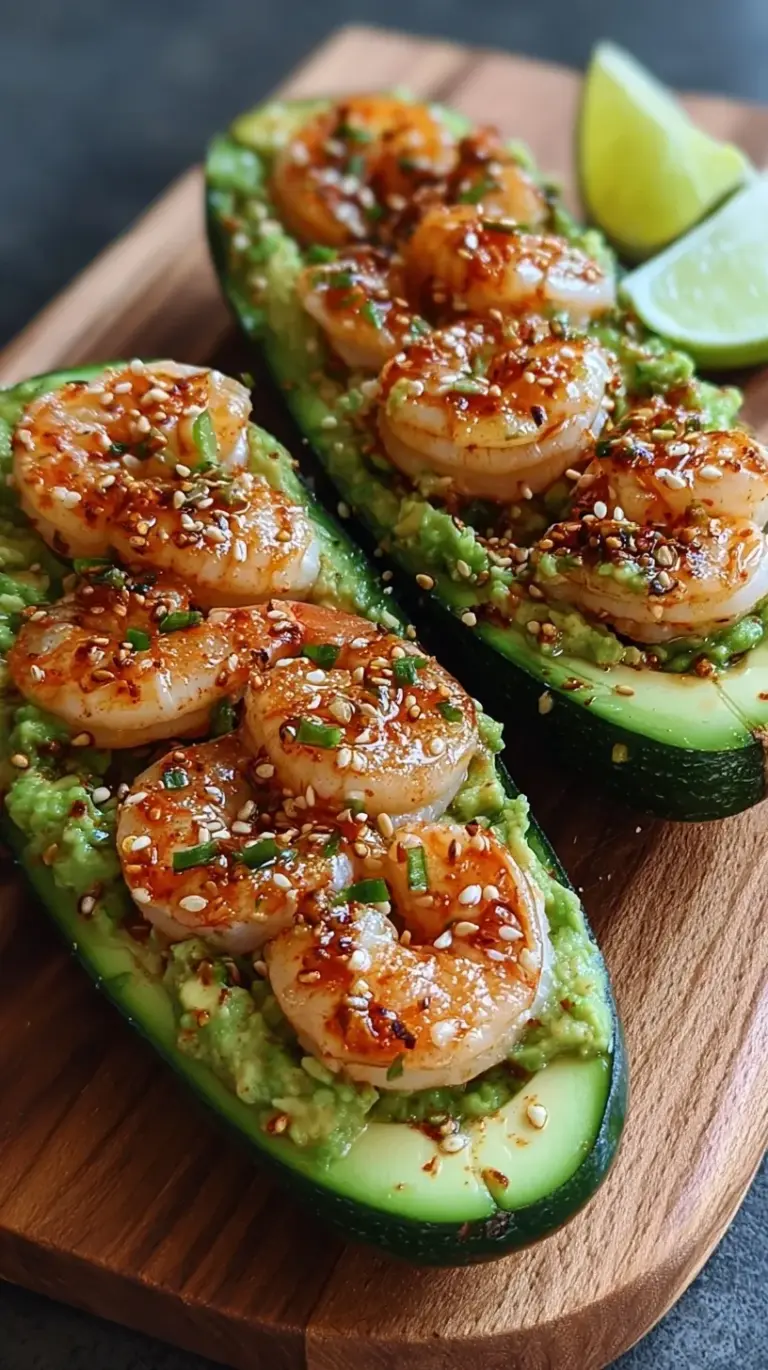 Fresh green cucumber halves filled with creamy avocado mash and pink sautéed shrimp garnished with cilantro.
