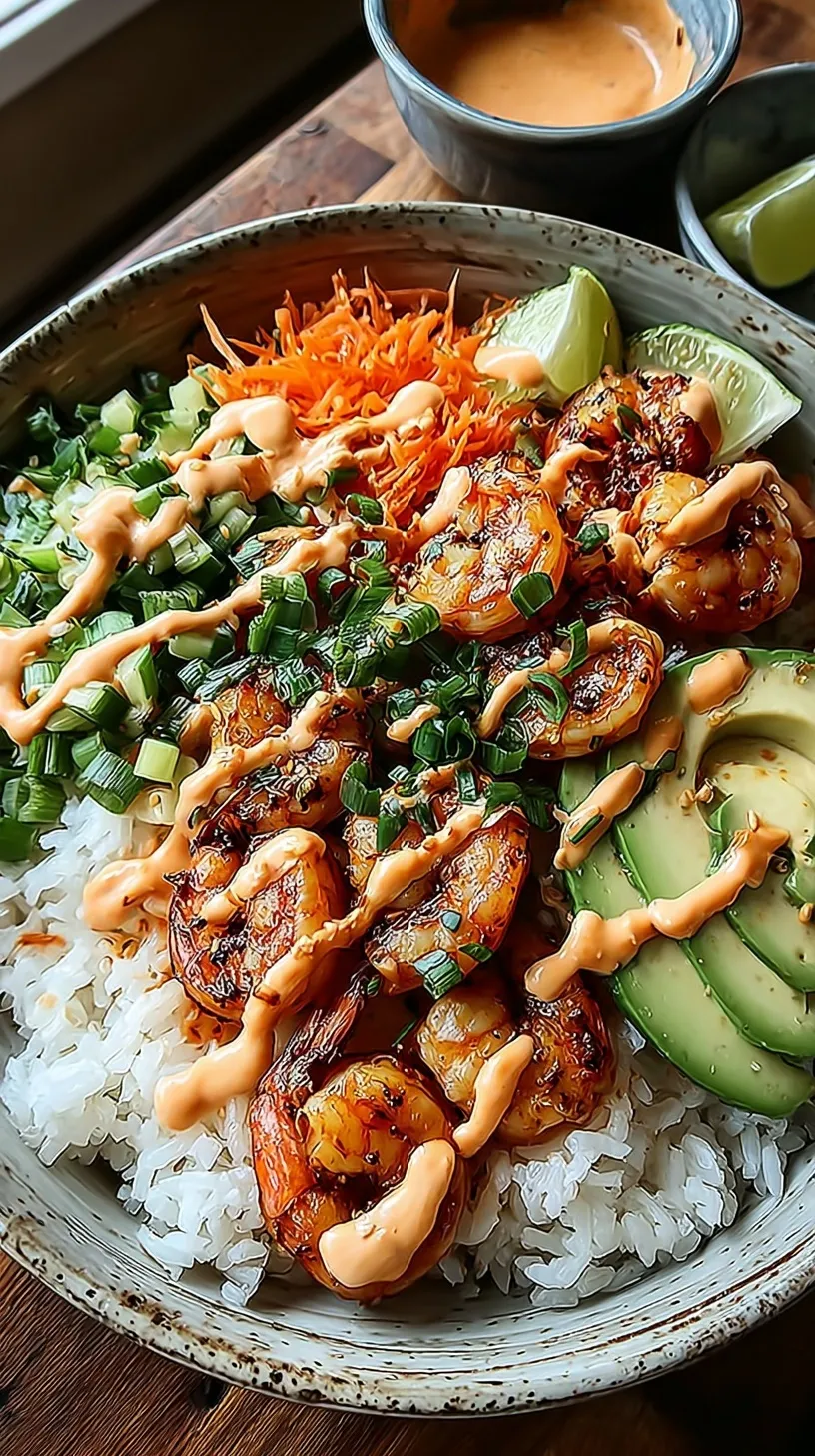 A vibrant shrimp rice bowl with sliced avocado, cucumber, and a drizzle of orange spicy mayo.