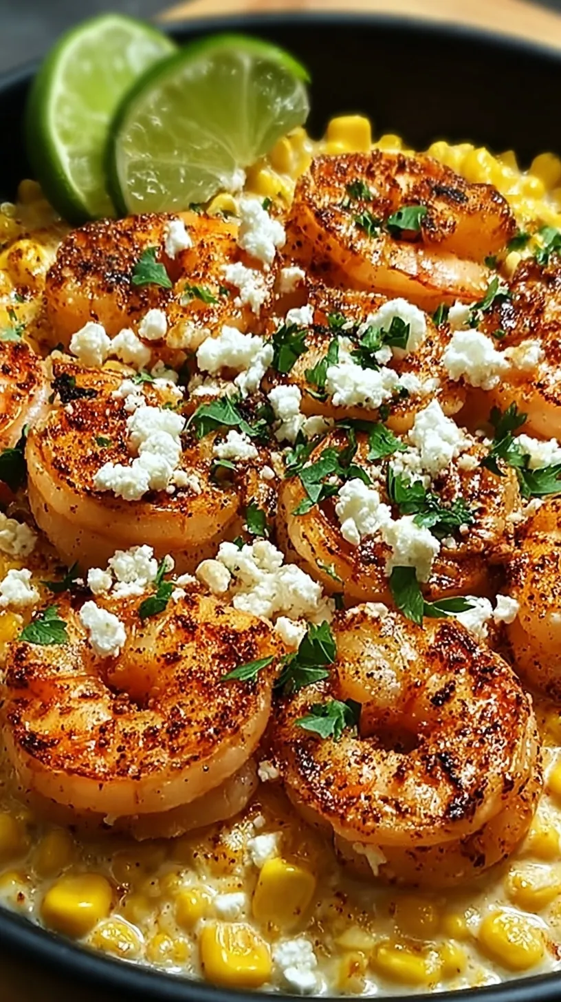 Seared shrimp served over creamy yellow corn with crumbled white feta and green chives