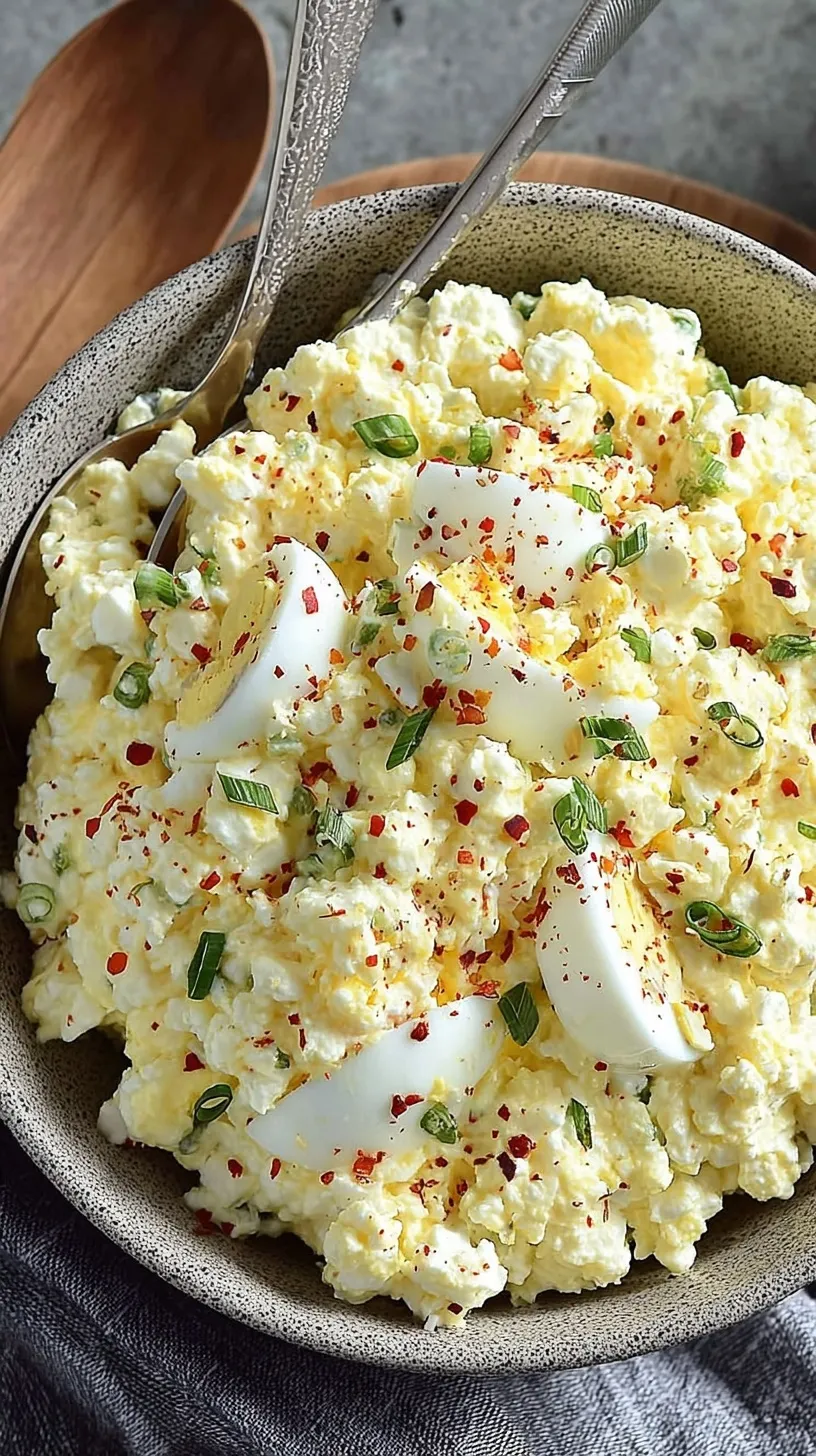 A bowl of creamy egg salad made with cottage cheese and fresh chives on a wooden table.