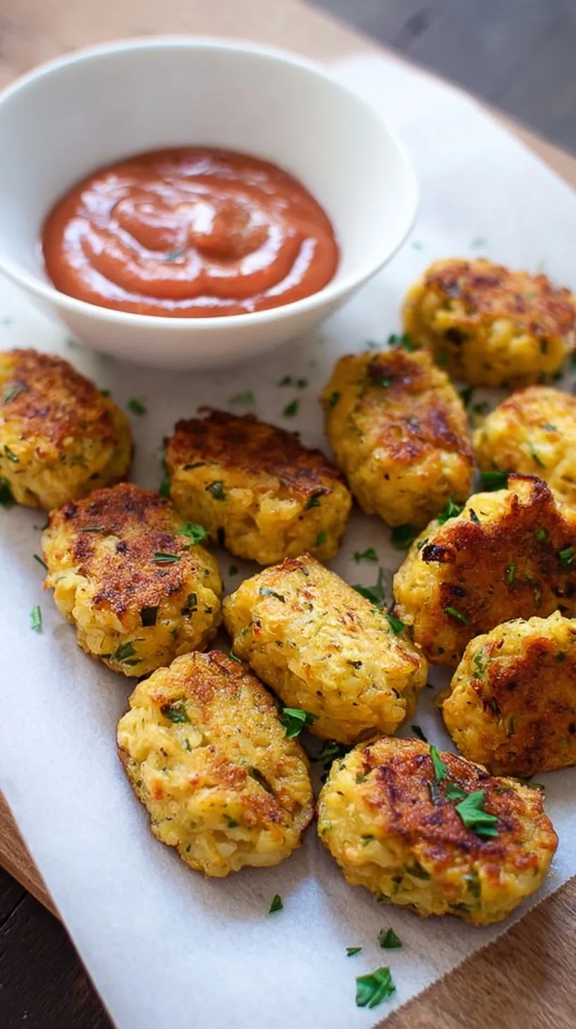Golden brown baked cauliflower tots on a parchment-lined baking sheet with fresh parsley garnish.