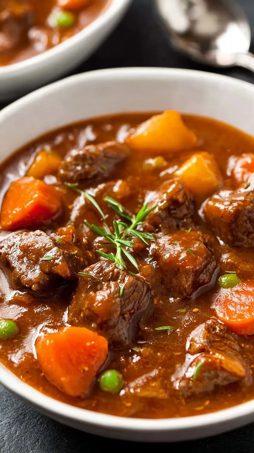 A bowl of hearty slow cooker beef stew with tender carrots and potatoes in a rich brown gravy.