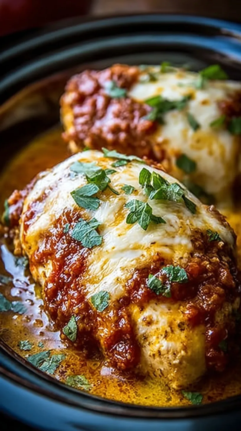 A plate of tender slow cooker mozzarella chicken topped with melted cheese and fresh basil