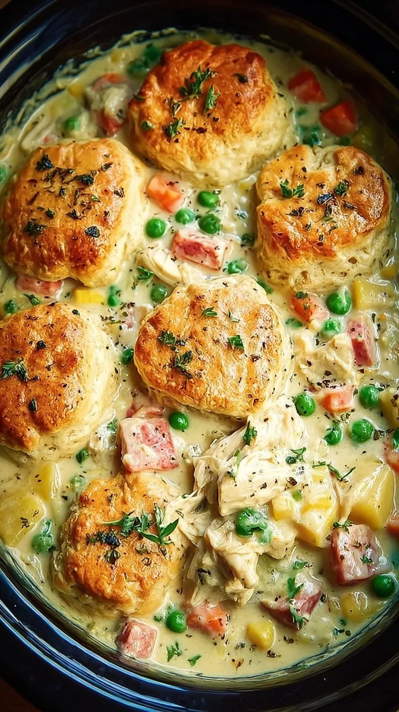 A bowl of creamy chicken pot pie filling topped with a golden brown flaky biscuit.