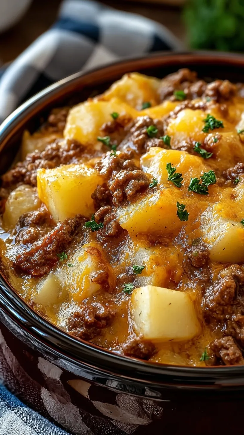 A warm bowl of cheesy cowboy potato casserole with ground beef and corn
