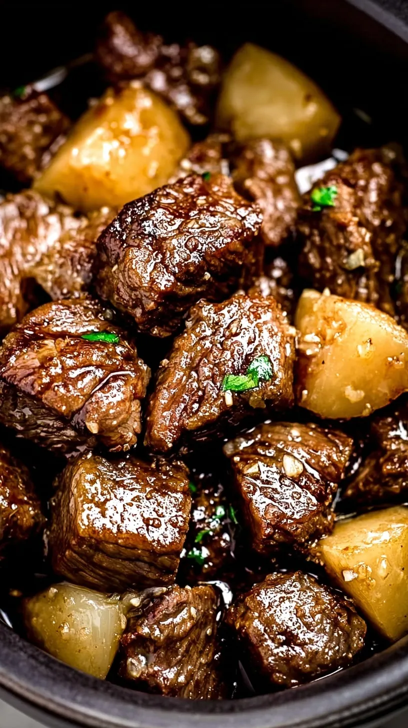 Tender beef cubes in a glossy garlic butter sauce inside a slow cooker