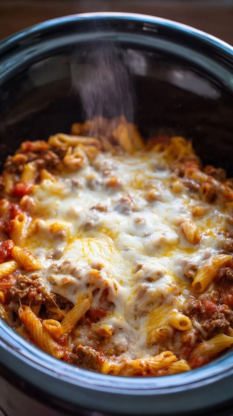 A bowl of cheesy slow cooker beef pasta with rotini and melted cheddar cheese