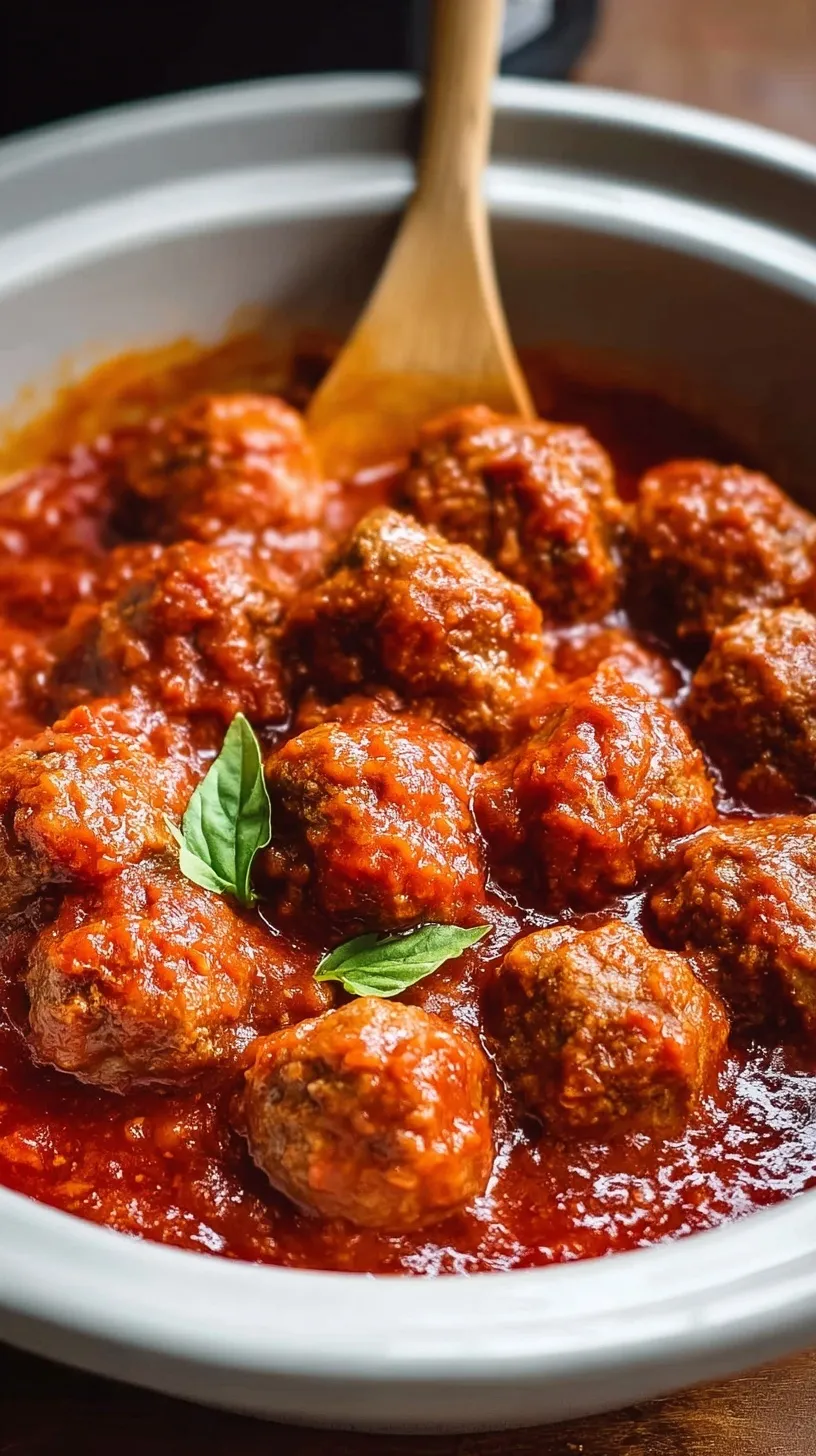 A white slow cooker filled with tender meatballs simmered in rich red marinara sauce.