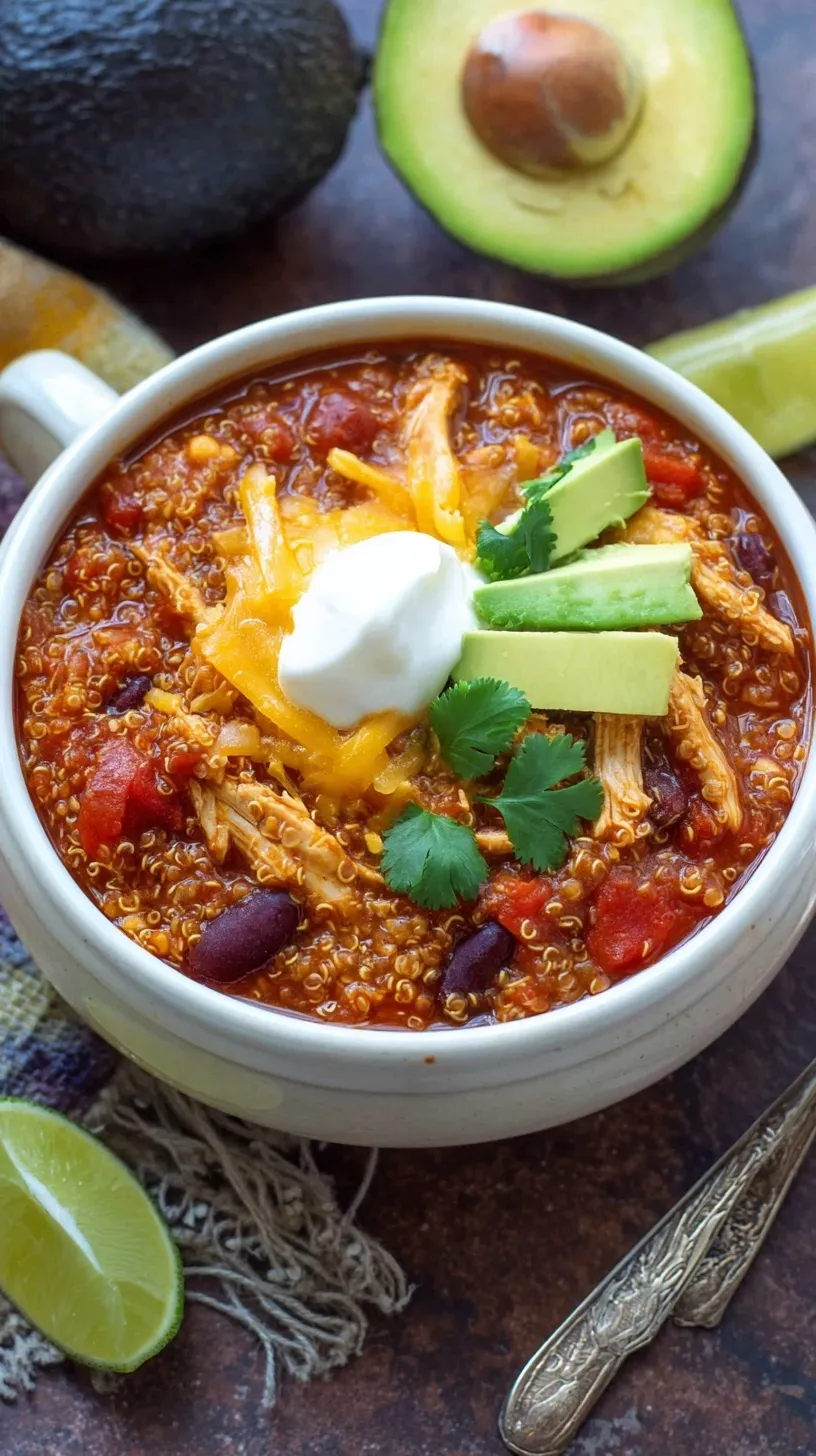 A bowl of hearty chicken and quinoa chili topped with avocado and fresh lime