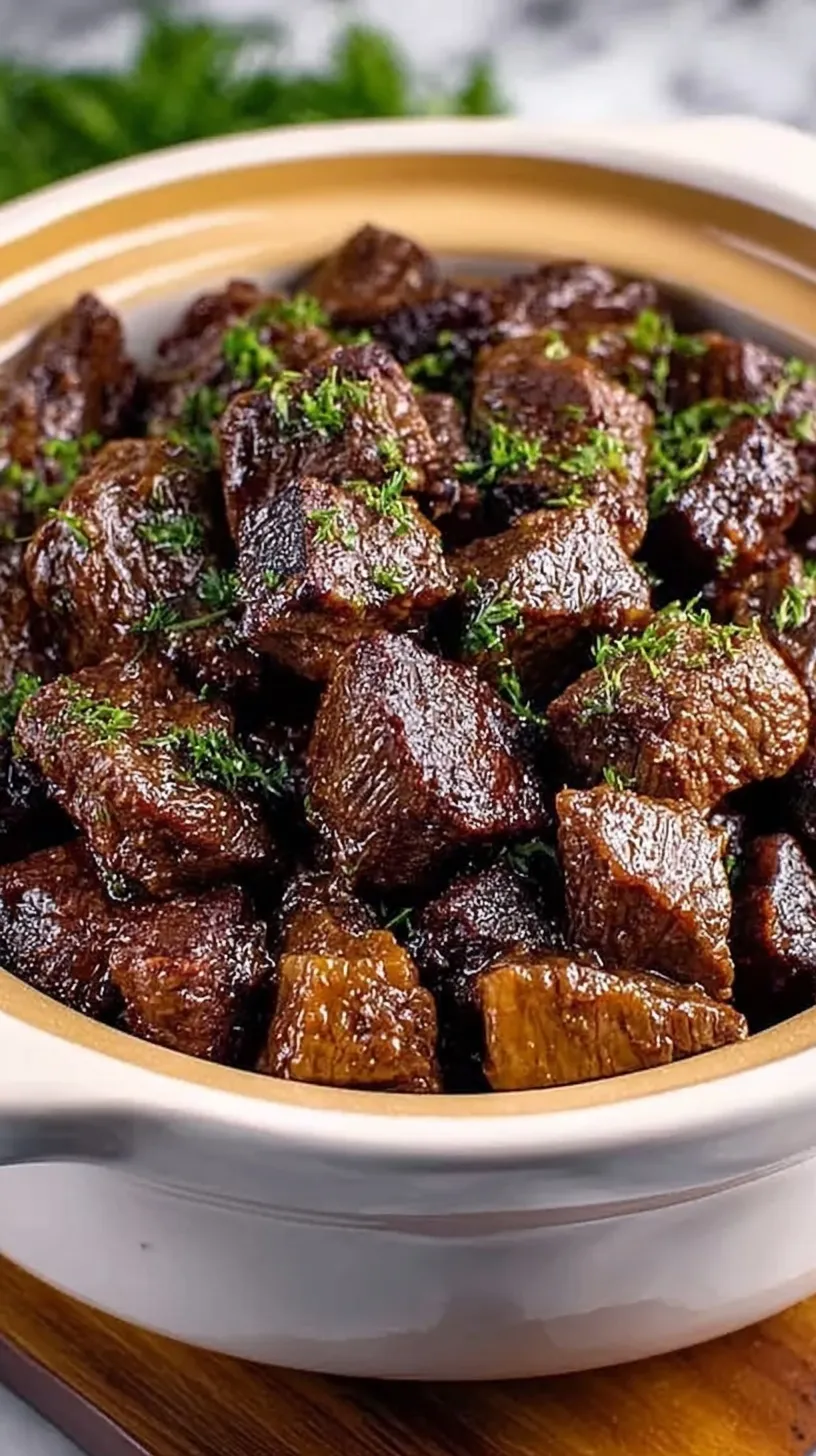Close up of tender beef steak bites in a slow cooker with garlic butter sauce and parsley