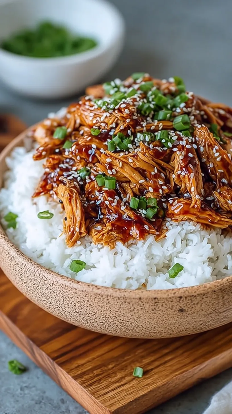Tender pieces of teriyaki chicken in a glossy glaze served over white rice with green onions