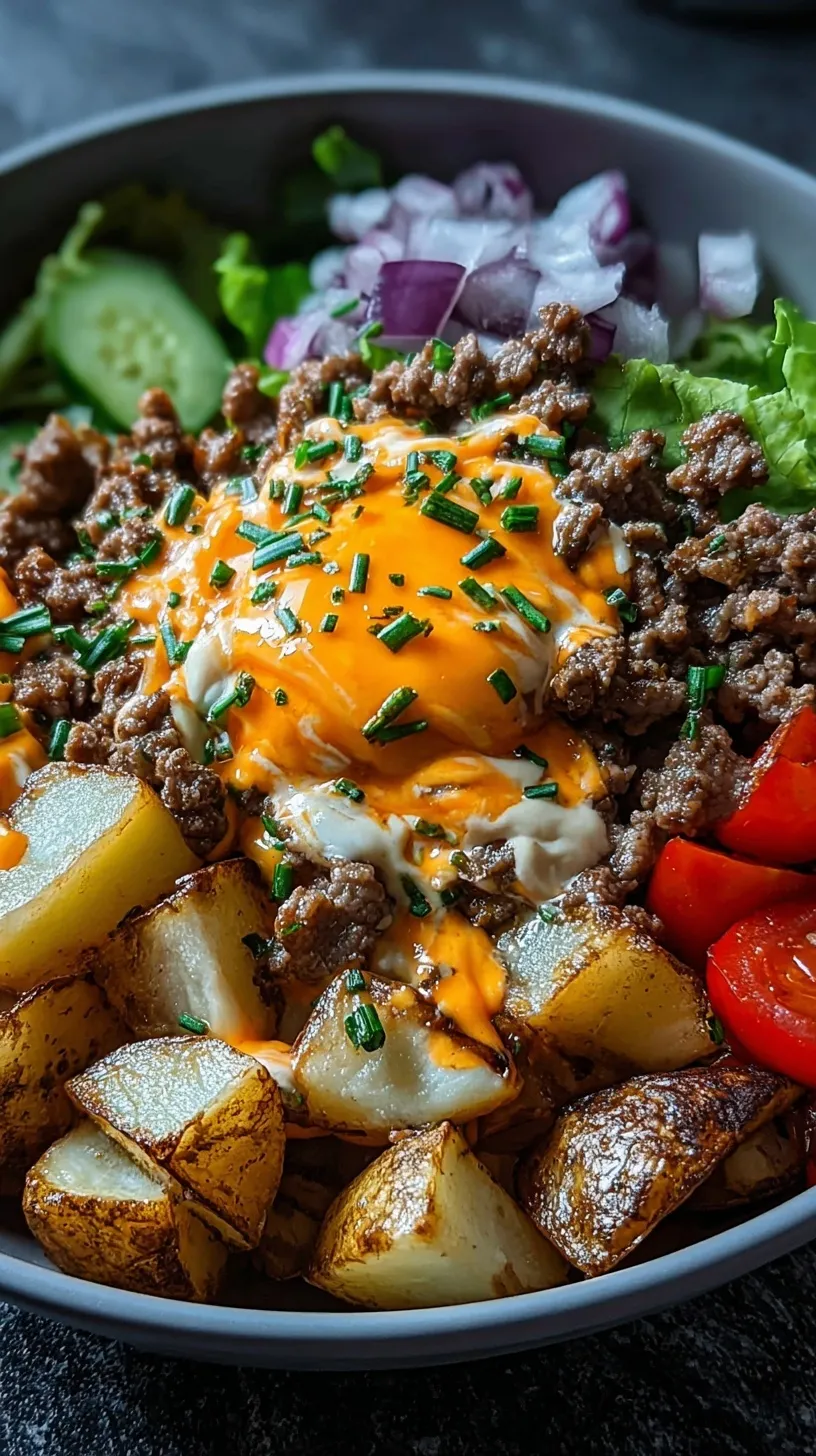 A colorful smash burger bowl with crispy beef, fresh lettuce, tomatoes, and a creamy sauce drizzle.