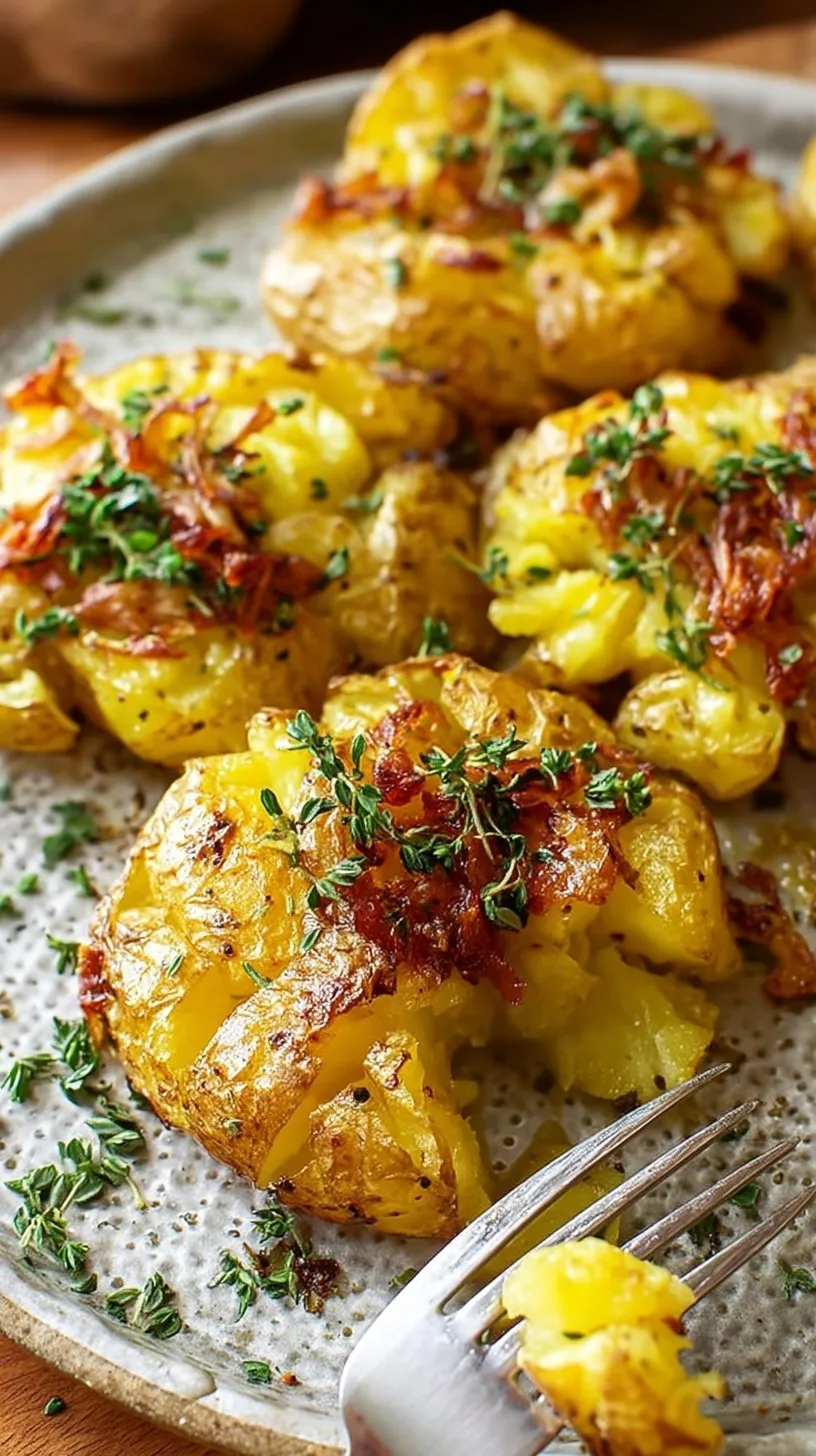Golden brown crispy smashed potatoes seasoned with rosemary and garlic on a baking sheet