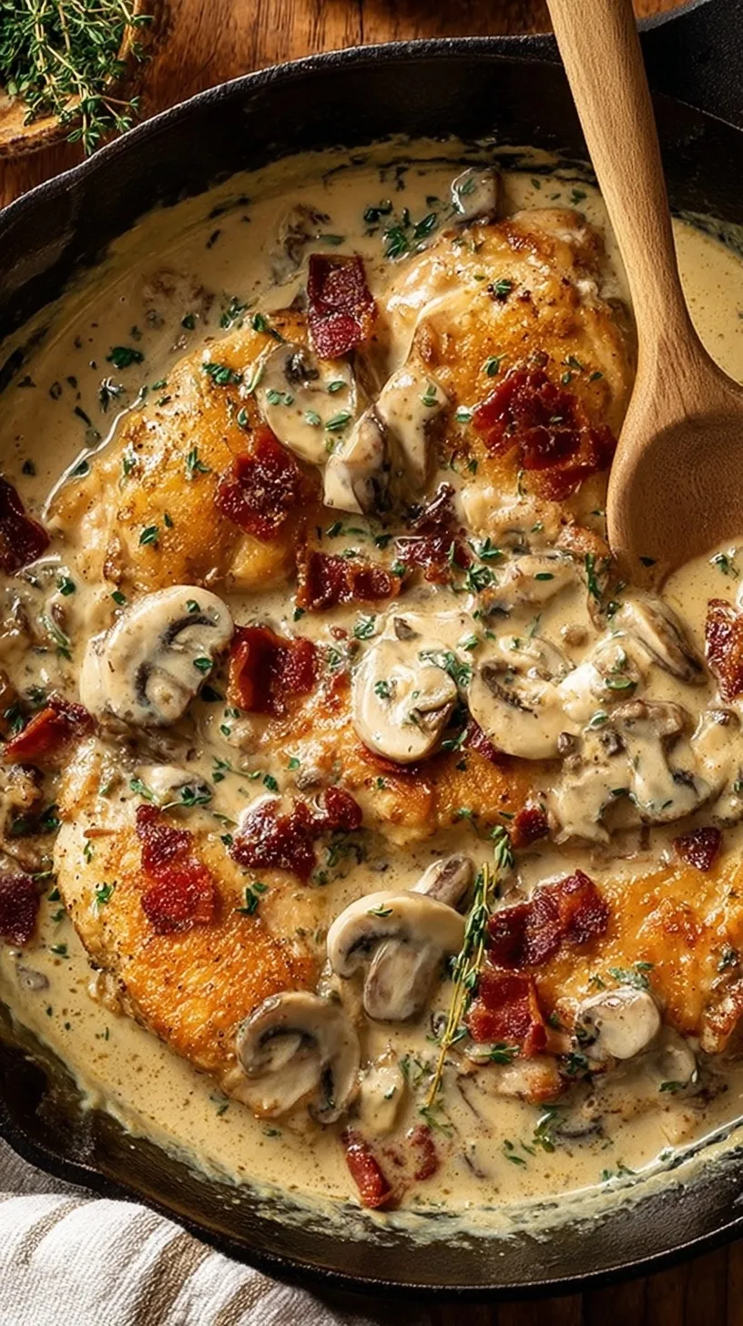 Golden brown chicken thighs smothered in a thick brown onion gravy in a cast iron skillet