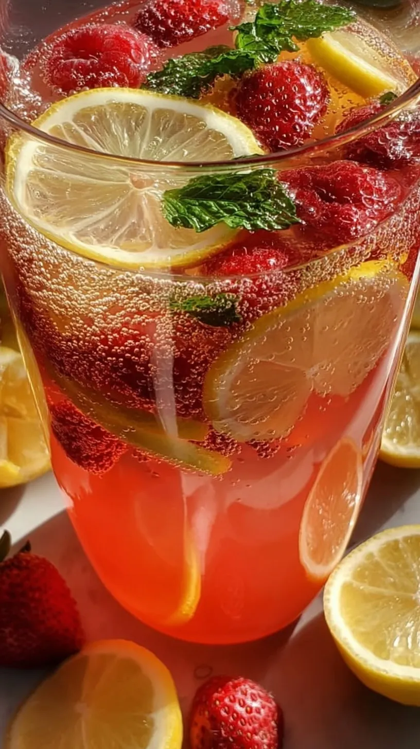A large glass pitcher filled with sparkling lemonade punch, lemon slices, and fresh mint leaves.