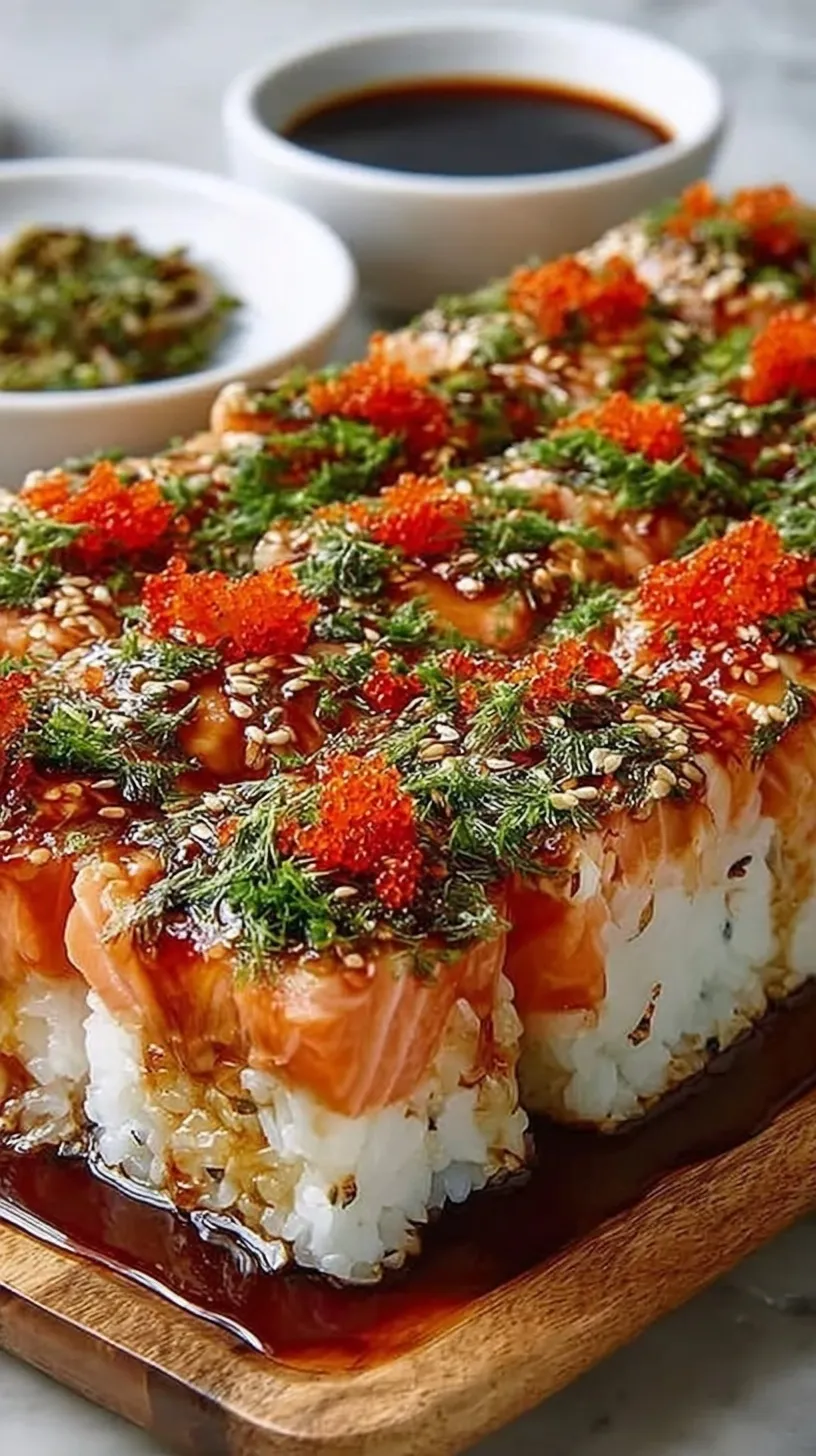 A golden, creamy Spicy Salmon Sushi Bake in a baking dish topped with green onions and furikake.