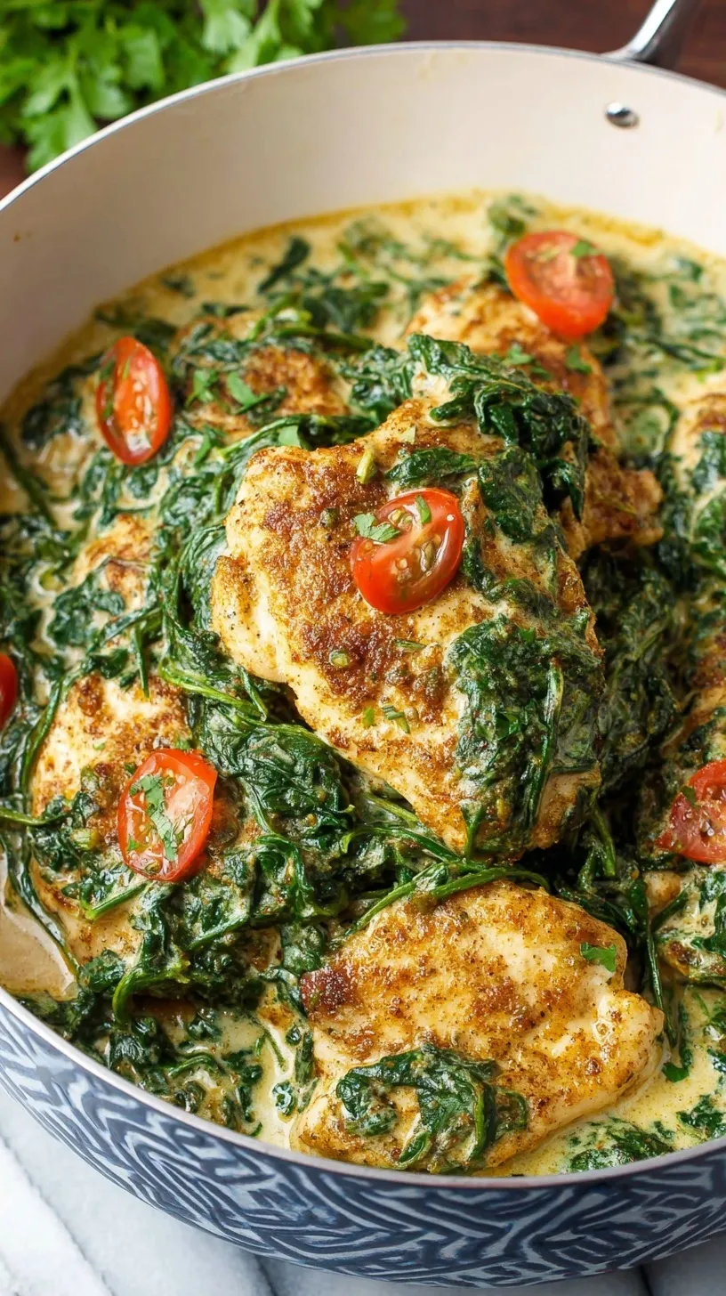 Pan-seared chicken cutlets nestled in a bed of bright green sautéed spinach with lemon and parmesan garnish