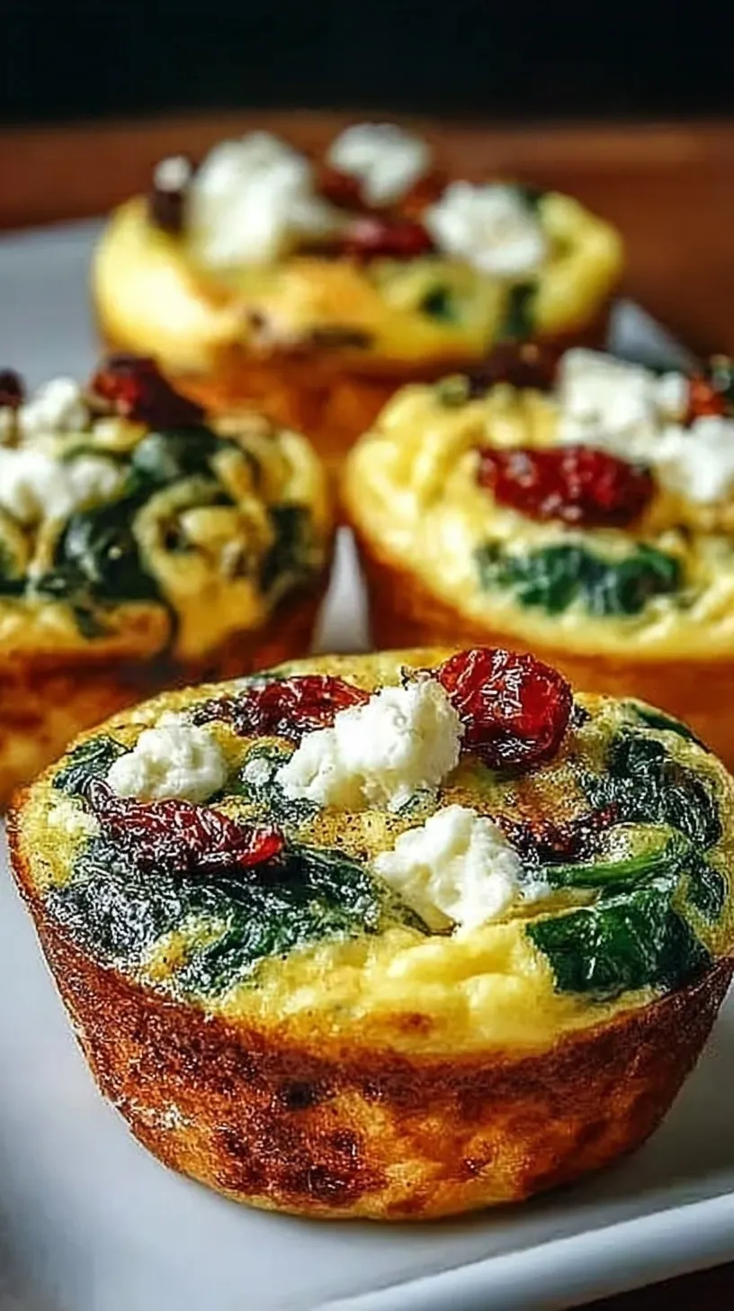 Golden brown egg muffins with green spinach and red sun-dried tomatoes in a muffin tin