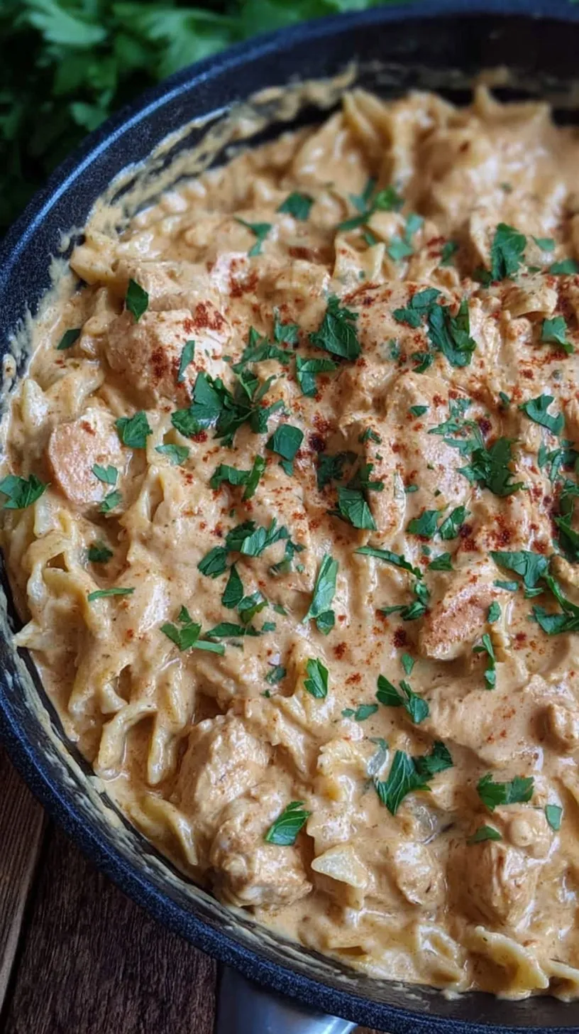 A bowl of creamy orange sriracha pasta with golden chicken cubes and fresh parsley