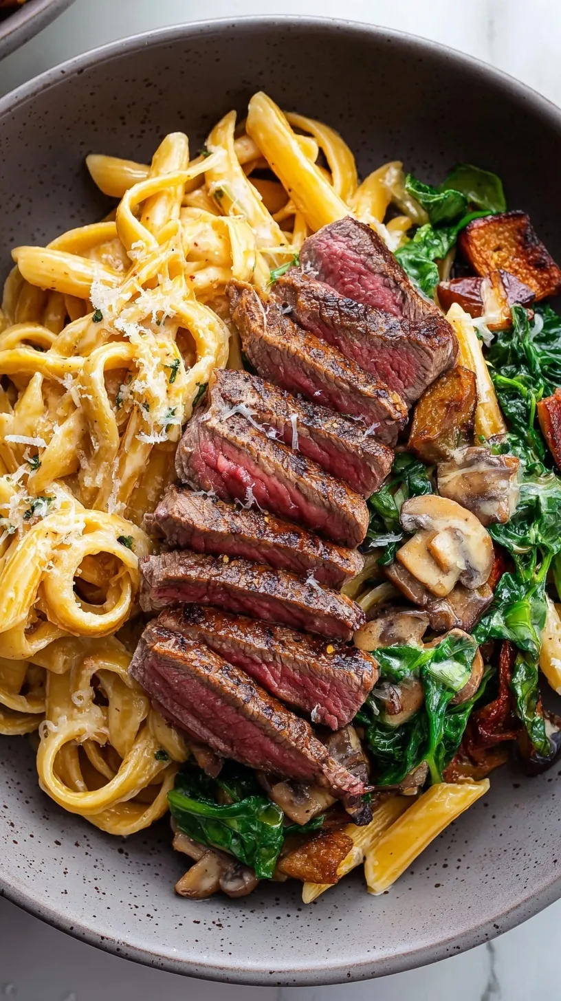 A skillet of creamy steak pasta with spinach and golden brown beef strips