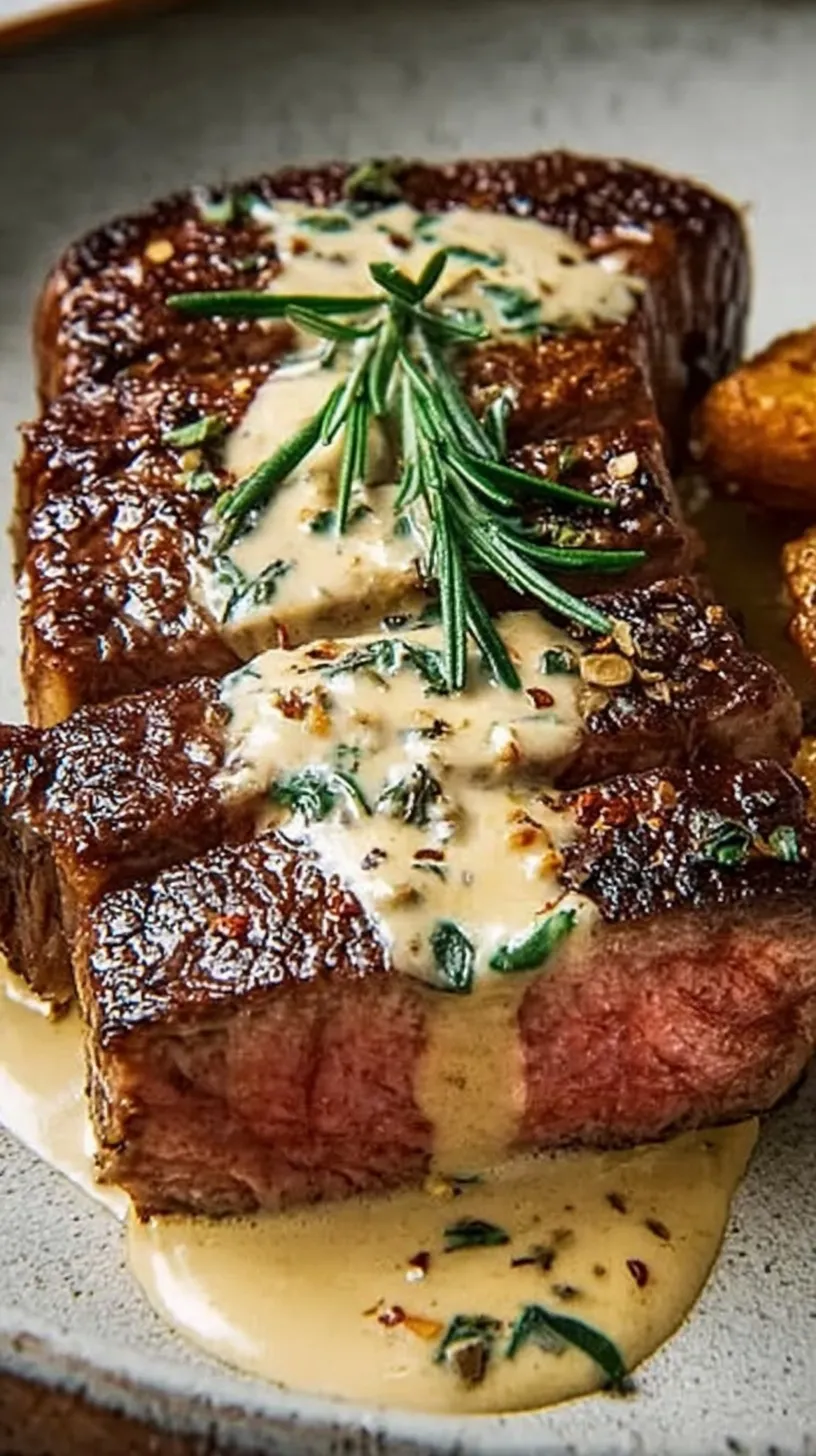 Pan-seared steak topped with a creamy bourbon garlic sauce and fresh thyme