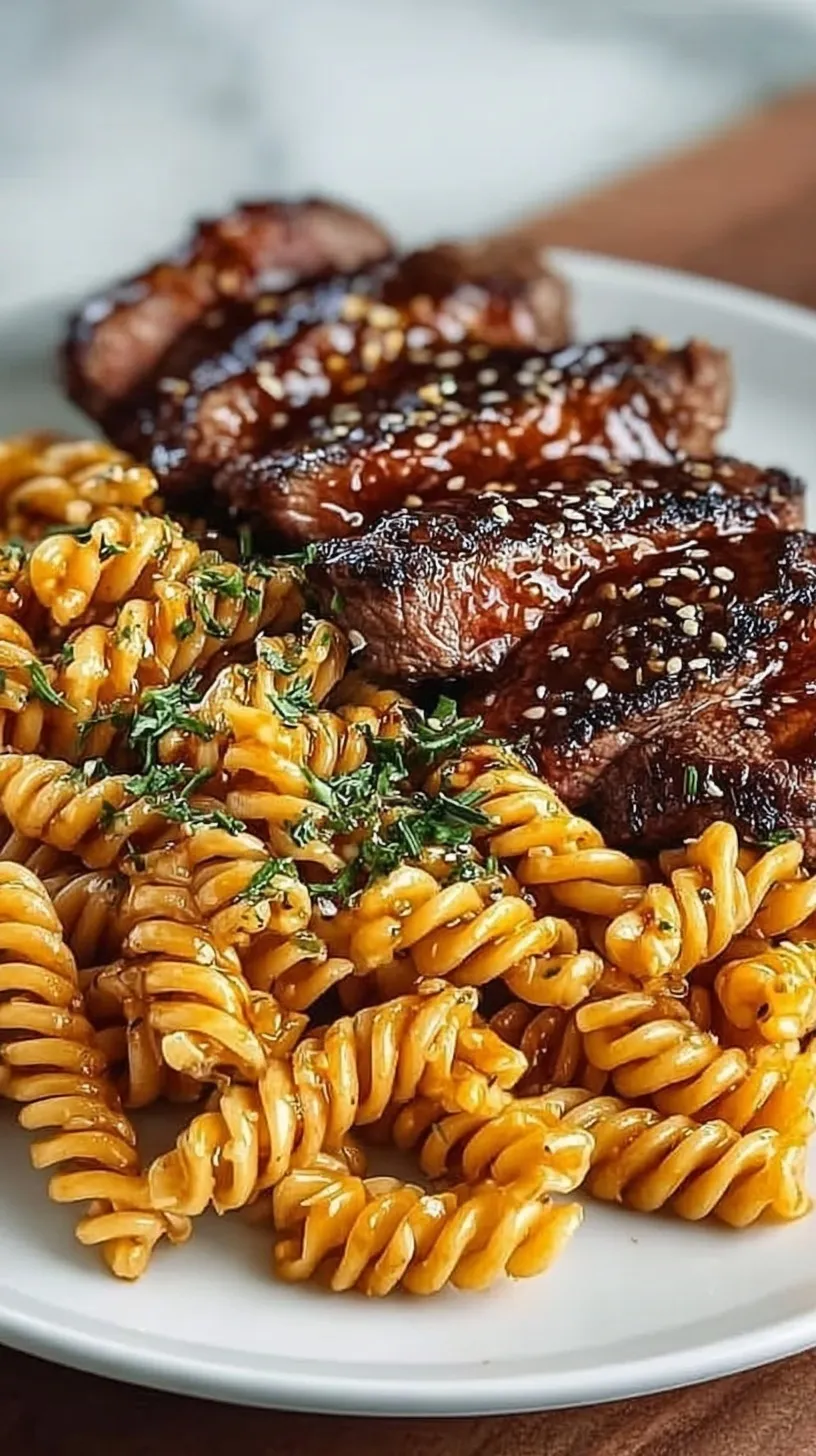 A skillet filled with tender steak bites and rotini pasta coated in a glossy honey garlic sauce