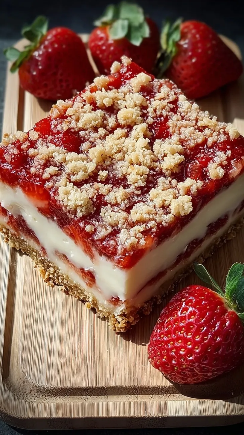 A close up shot of a strawberry cheesecake bar with a red fruit swirl on a white plate