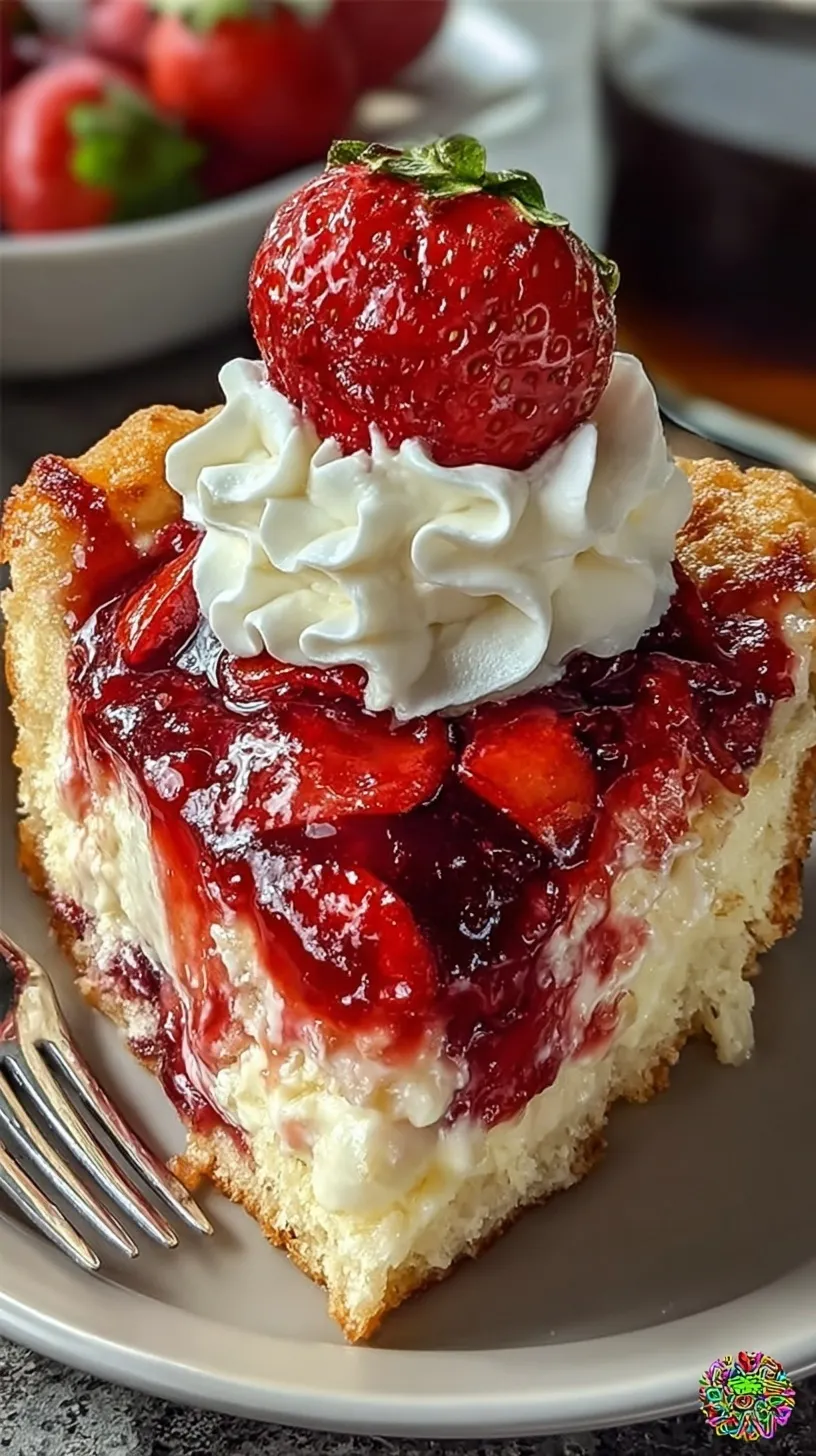 A golden brown strawberry cheesecake dump cake in a glass baking dish with bubbling red fruit and creamy cheesecake layers.