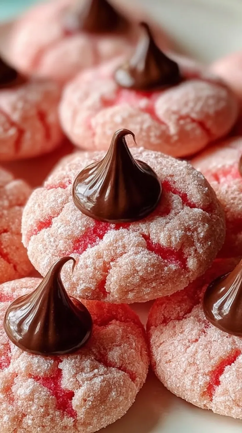 Bright pink strawberry kiss cookies topped with milk chocolate kisses on a white plate