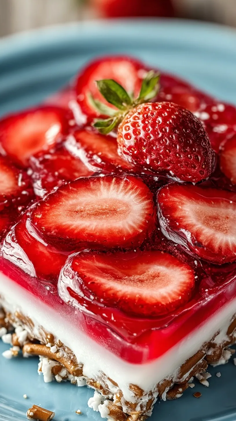 A layered strawberry pretzel jello salad in a glass baking dish showing the pretzel crust, cream layer, and strawberry topping.