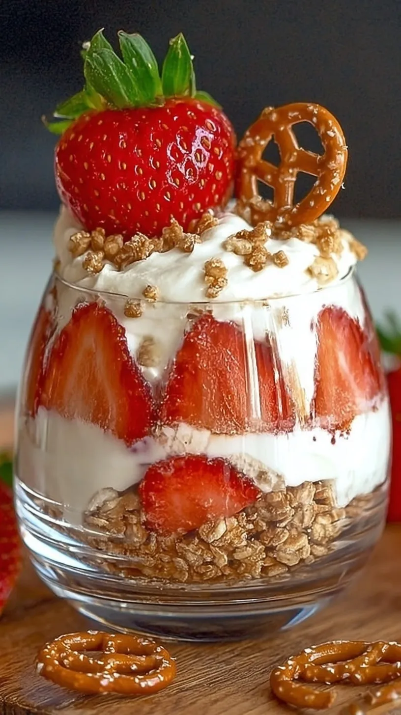 Individual glasses filled with layers of salty pretzel crumble, creamy cheesecake mousse, and fresh strawberry gelatin.