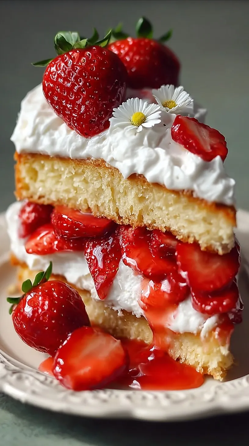 A stack of two golden biscuits filled with sliced red strawberries and fluffy white whipped cream.