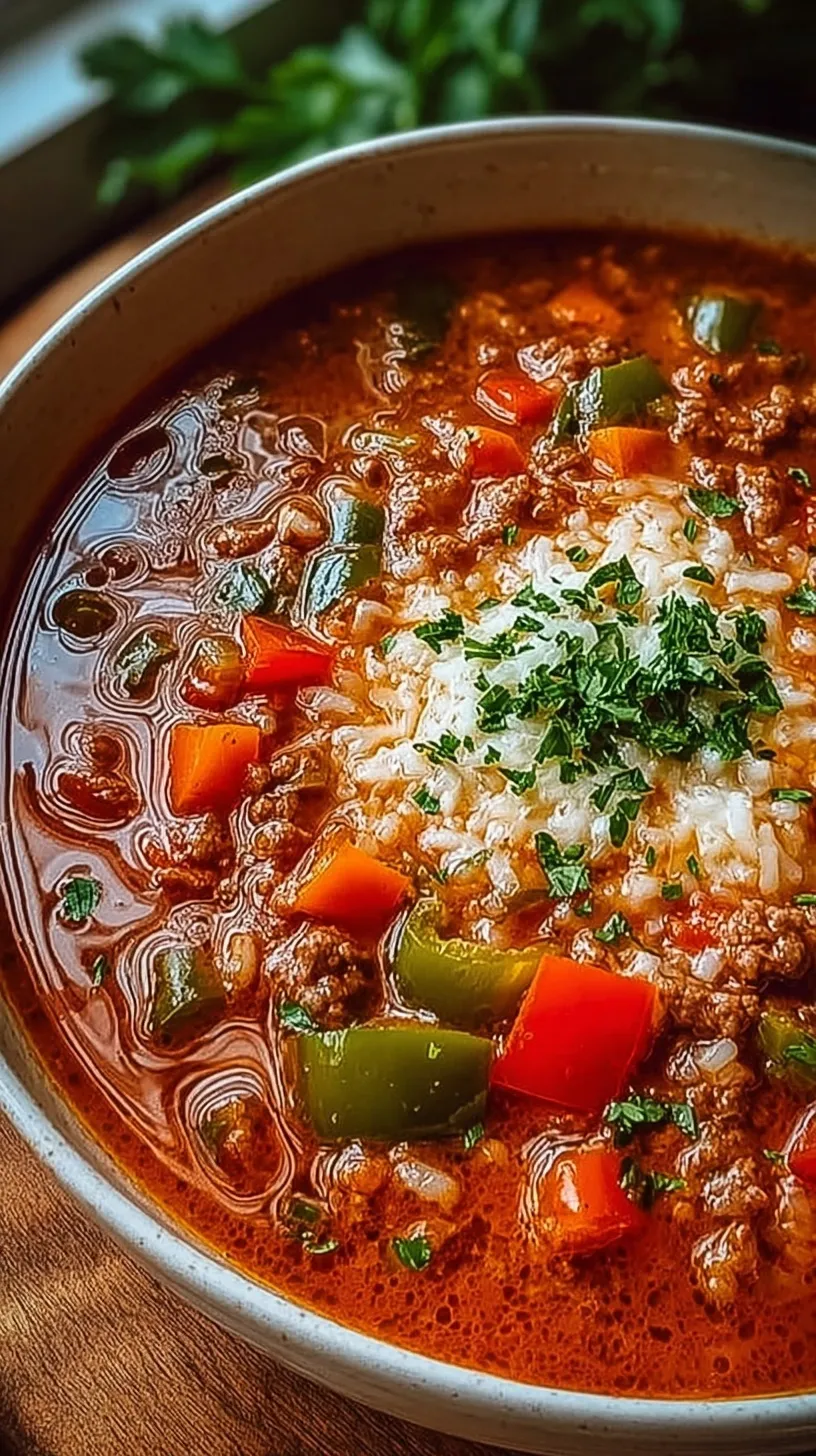 A warm bowl of stuffed pepper soup with ground beef, green peppers, and rice in a tomato broth.