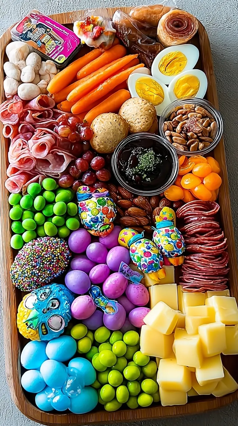 A colorful Easter charcuterie board with meats, cheeses, hard-boiled eggs, and mini chocolate eggs on a wooden platter.