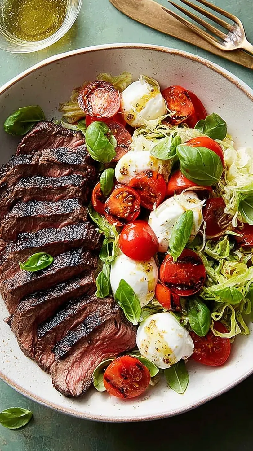 Sliced grilled flank steak served on a platter with heirloom tomato rounds, fresh mozzarella, and basil leaves.