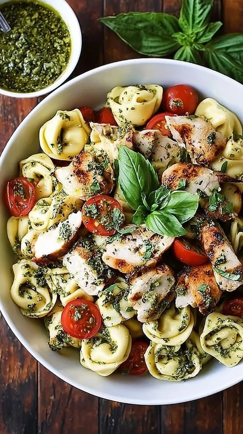 A skillet filled with cheese tortellini, sautéed chicken, cherry tomatoes, and fresh spinach in a green basil pesto sauce.