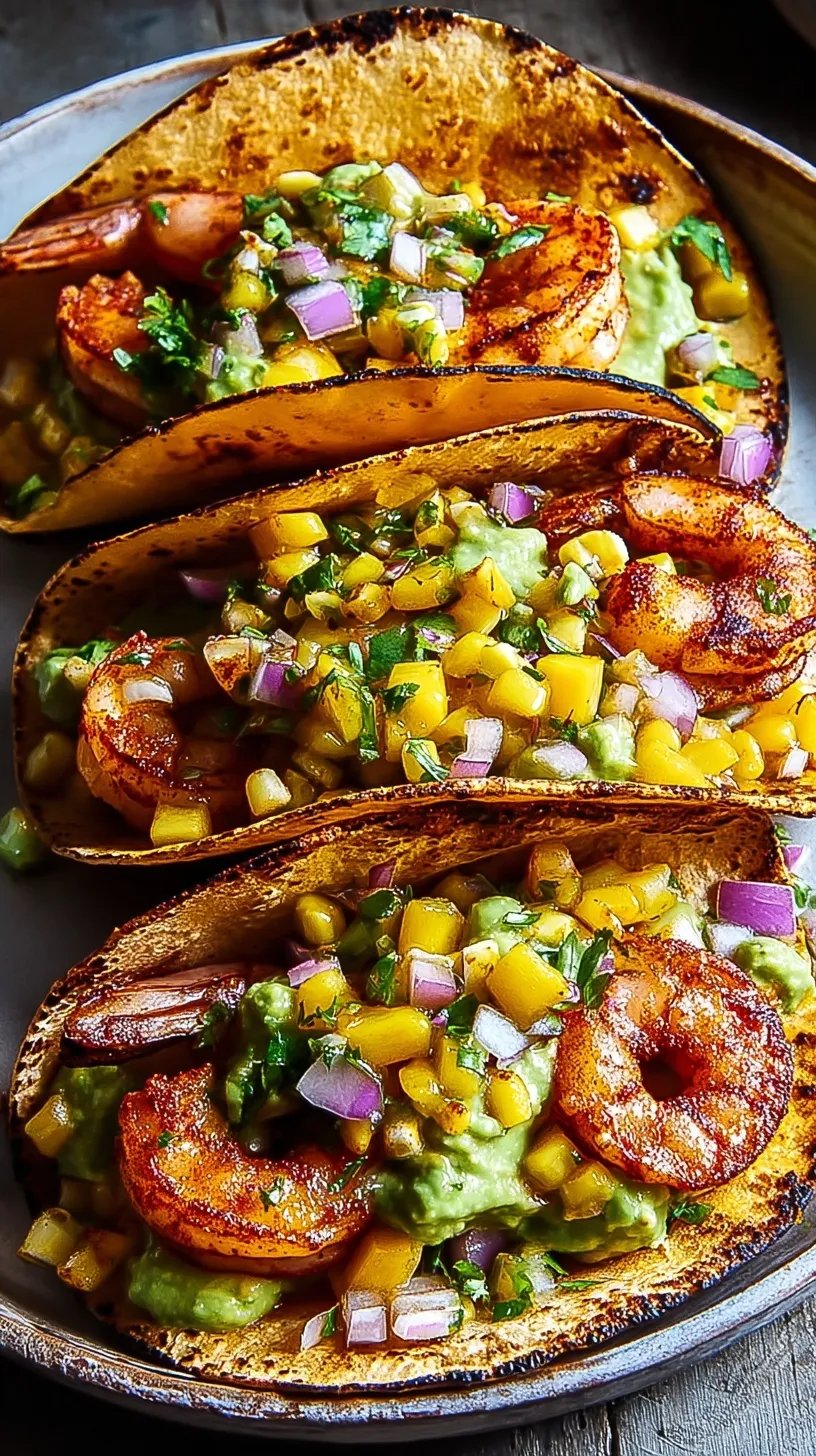 Platter of spicy shrimp tacos topped with colorful mango salsa and red cabbage