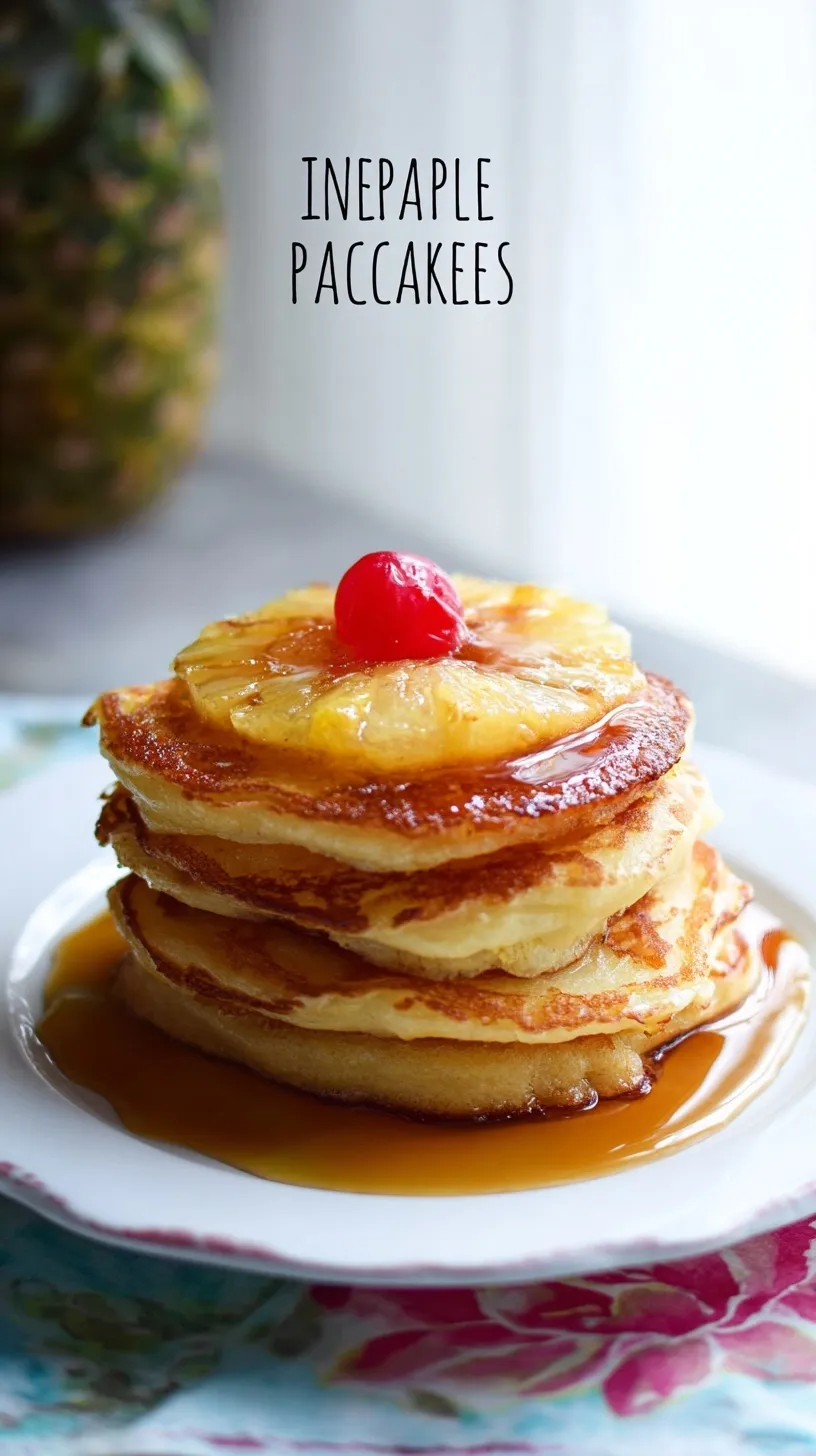 Golden brown pancakes topped with caramelized pineapple rings and bright red cherries on a white plate.