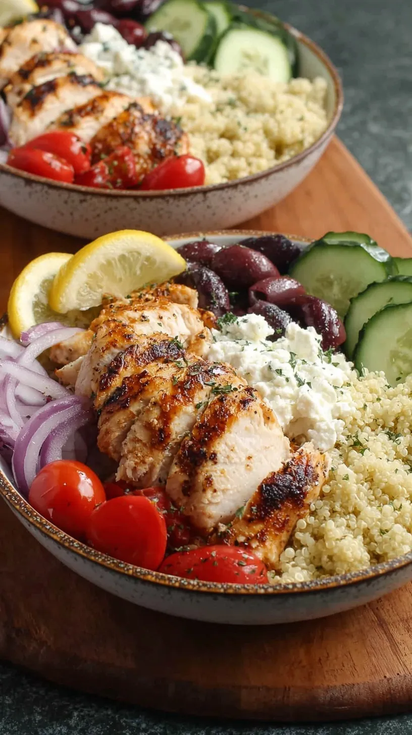 A bright Greek chicken bowl with quinoa, cucumbers, tomatoes, and feta cheese.