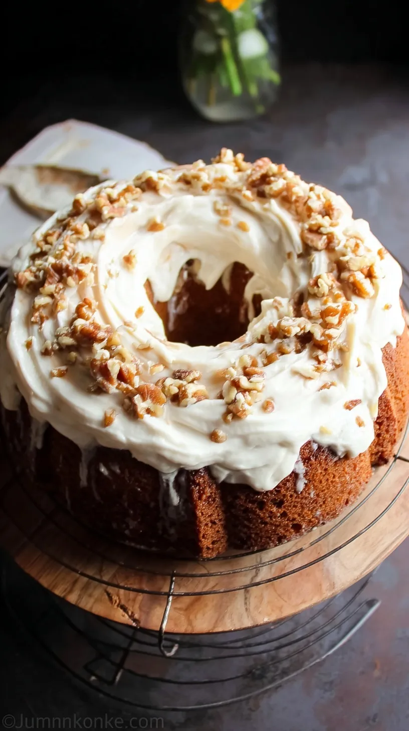 A golden brown carrot bundt cake topped with a thick white cream cheese glaze on a white cake stand.